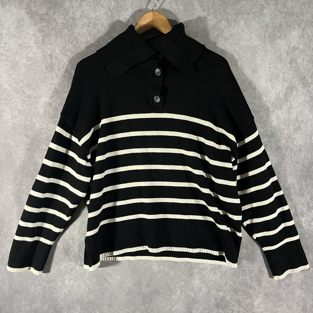 Zara Polo Sweater Women XL Black White Stripe Long Sleeve Knit Pullover 3519/008